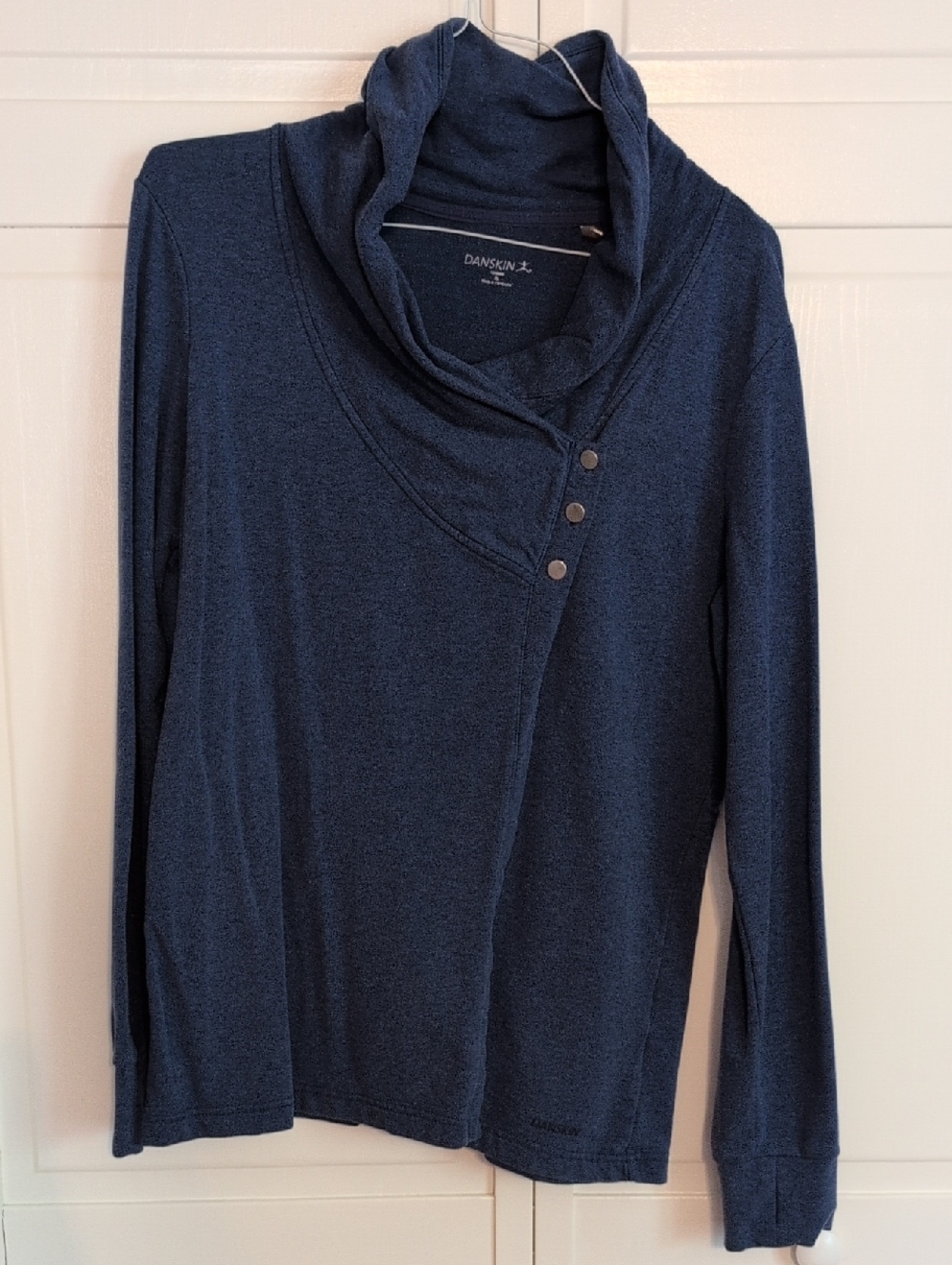 Danskin Blue Asymmetrical Cowl Neck Wrap Front Light Sweater With Button Neck XL